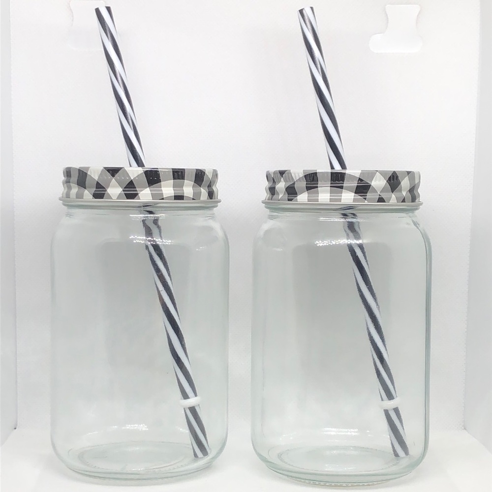🖤🤍 Buffalo Plaid Mason Glass Jar with Metal Lid & Hard Plastic Straw 🤍🖤 NWT